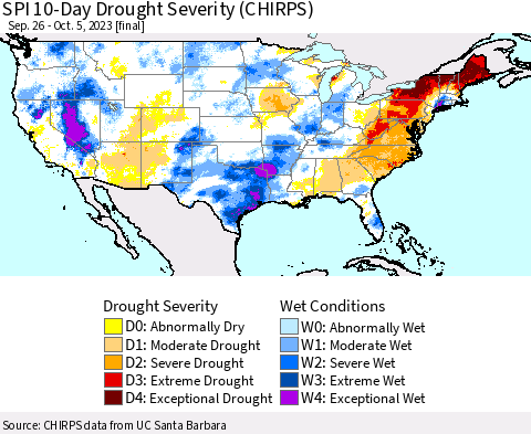 United States SPI 10-Day Drought Severity (CHIRPS) Thematic Map For 9/26/2023 - 10/5/2023