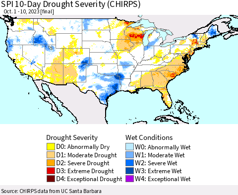United States SPI 10-Day Drought Severity (CHIRPS) Thematic Map For 10/1/2023 - 10/10/2023