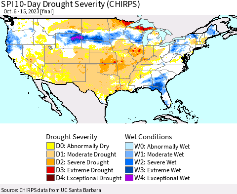 United States SPI 10-Day Drought Severity (CHIRPS) Thematic Map For 10/6/2023 - 10/15/2023