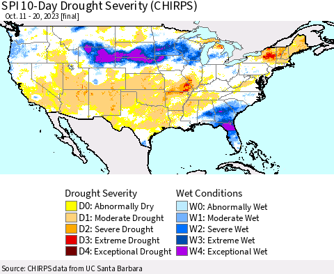 United States SPI 10-Day Drought Severity (CHIRPS) Thematic Map For 10/11/2023 - 10/20/2023