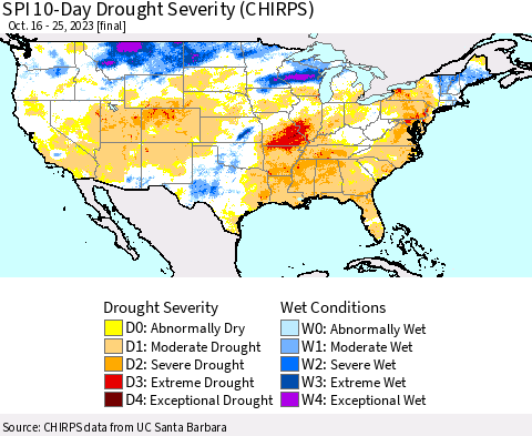 United States SPI 10-Day Drought Severity (CHIRPS) Thematic Map For 10/16/2023 - 10/25/2023