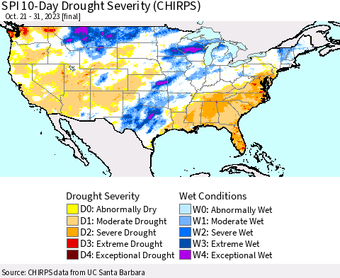 United States SPI 10-Day Drought Severity (CHIRPS) Thematic Map For 10/21/2023 - 10/31/2023