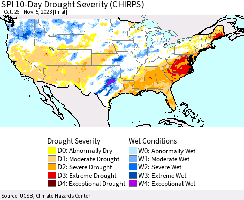 United States SPI 10-Day Drought Severity (CHIRPS) Thematic Map For 10/26/2023 - 11/5/2023