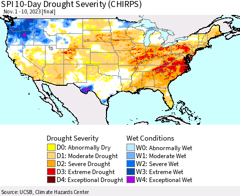 United States SPI 10-Day Drought Severity (CHIRPS) Thematic Map For 11/1/2023 - 11/10/2023
