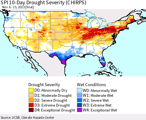 United States SPI 10-Day Drought Severity (CHIRPS) Thematic Map For 11/6/2023 - 11/15/2023