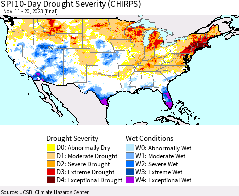 United States SPI 10-Day Drought Severity (CHIRPS) Thematic Map For 11/11/2023 - 11/20/2023