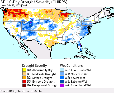 United States SPI 10-Day Drought Severity (CHIRPS) Thematic Map For 11/16/2023 - 11/25/2023