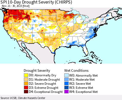 United States SPI 10-Day Drought Severity (CHIRPS) Thematic Map For 11/21/2023 - 11/30/2023