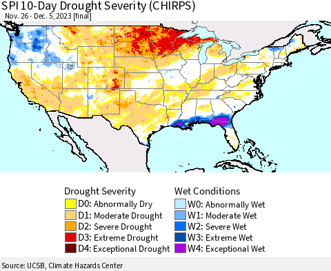 United States SPI 10-Day Drought Severity (CHIRPS) Thematic Map For 11/26/2023 - 12/5/2023