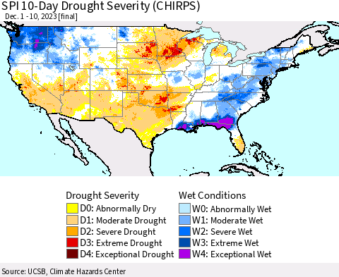 United States SPI 10-Day Drought Severity (CHIRPS) Thematic Map For 12/1/2023 - 12/10/2023