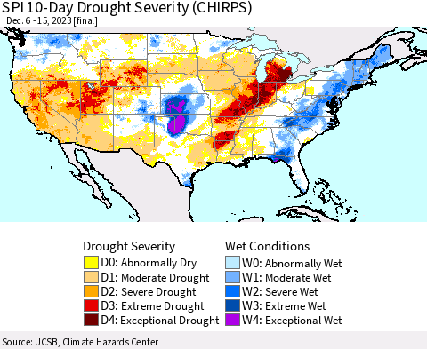 United States SPI 10-Day Drought Severity (CHIRPS) Thematic Map For 12/6/2023 - 12/15/2023