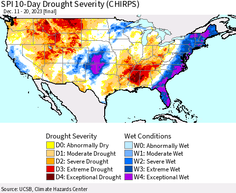 United States SPI 10-Day Drought Severity (CHIRPS) Thematic Map For 12/11/2023 - 12/20/2023
