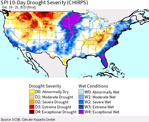 United States SPI 10-Day Drought Severity (CHIRPS) Thematic Map For 12/16/2023 - 12/25/2023