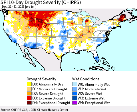 United States SPI 10-Day Drought Severity (CHIRPS) Thematic Map For 12/21/2023 - 12/31/2023