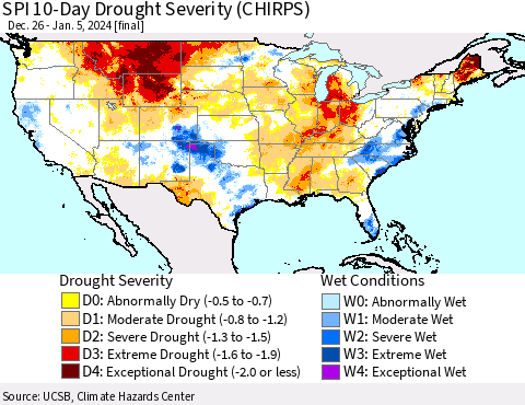 United States SPI 10-Day Drought Severity (CHIRPS) Thematic Map For 12/26/2023 - 1/5/2024