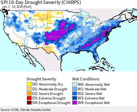 United States SPI 10-Day Drought Severity (CHIRPS) Thematic Map For 1/1/2024 - 1/10/2024