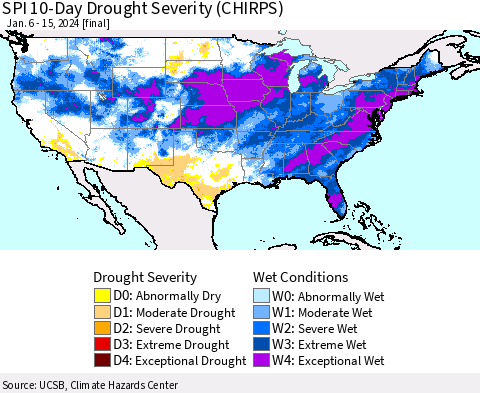United States SPI 10-Day Drought Severity (CHIRPS) Thematic Map For 1/6/2024 - 1/15/2024