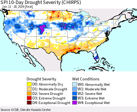 United States SPI 10-Day Drought Severity (CHIRPS) Thematic Map For 1/11/2024 - 1/20/2024