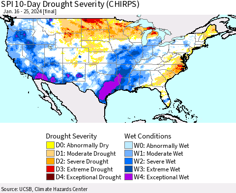 United States SPI 10-Day Drought Severity (CHIRPS) Thematic Map For 1/16/2024 - 1/25/2024