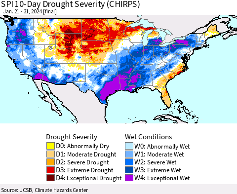 United States SPI 10-Day Drought Severity (CHIRPS) Thematic Map For 1/21/2024 - 1/31/2024