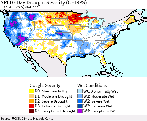 United States SPI 10-Day Drought Severity (CHIRPS) Thematic Map For 1/26/2024 - 2/5/2024