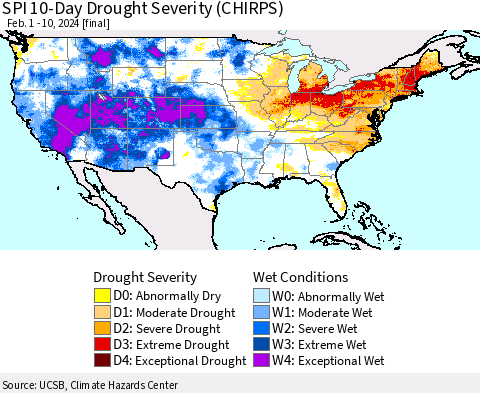 United States SPI 10-Day Drought Severity (CHIRPS) Thematic Map For 2/1/2024 - 2/10/2024