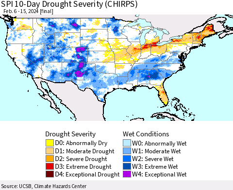 United States SPI 10-Day Drought Severity (CHIRPS) Thematic Map For 2/6/2024 - 2/15/2024