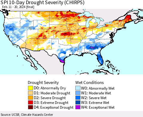 United States SPI 10-Day Drought Severity (CHIRPS) Thematic Map For 2/11/2024 - 2/20/2024