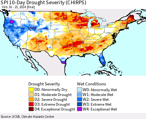 United States SPI 10-Day Drought Severity (CHIRPS) Thematic Map For 2/16/2024 - 2/25/2024