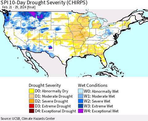 United States SPI 10-Day Drought Severity (CHIRPS) Thematic Map For 2/21/2024 - 2/29/2024