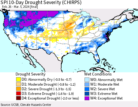 United States SPI 10-Day Drought Severity (CHIRPS) Thematic Map For 2/26/2024 - 3/5/2024