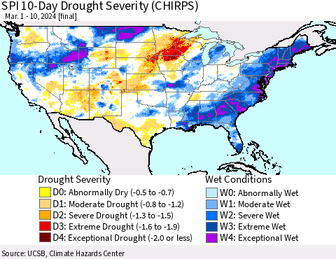 United States SPI 10-Day Drought Severity (CHIRPS) Thematic Map For 3/1/2024 - 3/10/2024