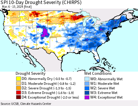 United States SPI 10-Day Drought Severity (CHIRPS) Thematic Map For 3/6/2024 - 3/15/2024