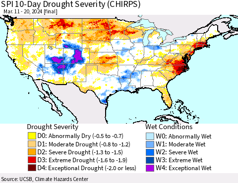 United States SPI 10-Day Drought Severity (CHIRPS) Thematic Map For 3/11/2024 - 3/20/2024