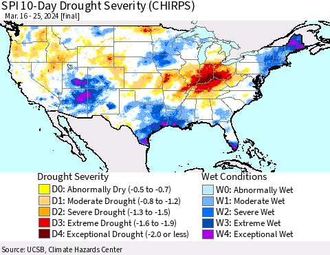 United States SPI 10-Day Drought Severity (CHIRPS) Thematic Map For 3/16/2024 - 3/25/2024