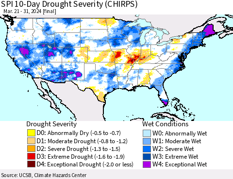 United States SPI 10-Day Drought Severity (CHIRPS) Thematic Map For 3/21/2024 - 3/31/2024