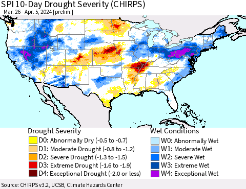 United States SPI 10-Day Drought Severity (CHIRPS) Thematic Map For 3/26/2024 - 4/5/2024