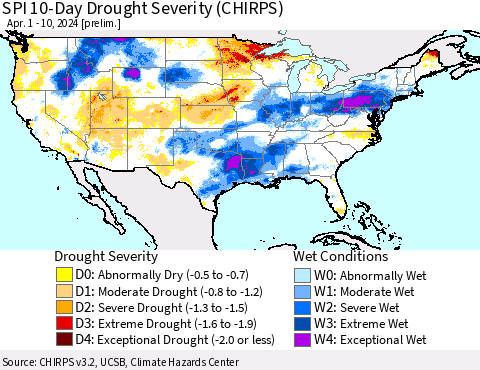 United States SPI 10-Day Drought Severity (CHIRPS) Thematic Map For 4/1/2024 - 4/10/2024