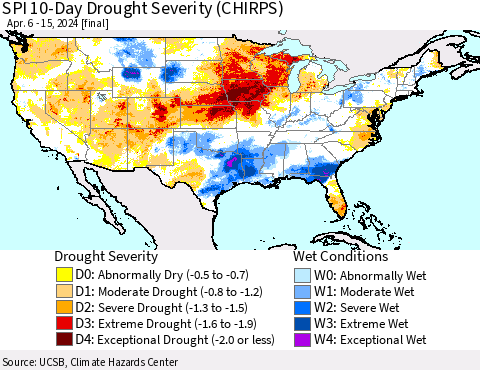 United States SPI 10-Day Drought Severity (CHIRPS) Thematic Map For 4/6/2024 - 4/15/2024