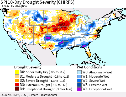 United States SPI 10-Day Drought Severity (CHIRPS) Thematic Map For 4/6/2024 - 4/15/2024