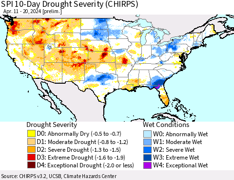 United States SPI 10-Day Drought Severity (CHIRPS) Thematic Map For 4/11/2024 - 4/20/2024