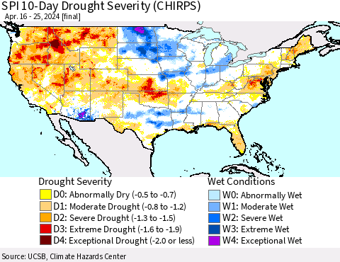 United States SPI 10-Day Drought Severity (CHIRPS) Thematic Map For 4/16/2024 - 4/25/2024