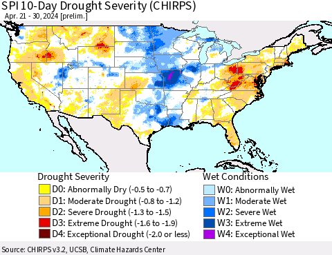 United States SPI 10-Day Drought Severity (CHIRPS) Thematic Map For 4/21/2024 - 4/30/2024