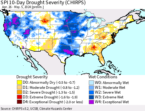 United States SPI 10-Day Drought Severity (CHIRPS) Thematic Map For 4/26/2024 - 5/5/2024