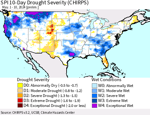 United States SPI 10-Day Drought Severity (CHIRPS) Thematic Map For 5/1/2024 - 5/10/2024