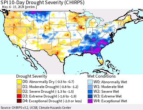 United States SPI 10-Day Drought Severity (CHIRPS) Thematic Map For 5/6/2024 - 5/15/2024