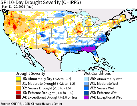 United States SPI 10-Day Drought Severity (CHIRPS) Thematic Map For 5/11/2024 - 5/20/2024