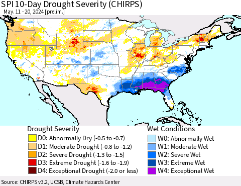 United States SPI 10-Day Drought Severity (CHIRPS) Thematic Map For 5/11/2024 - 5/20/2024