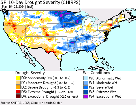 United States SPI 10-Day Drought Severity (CHIRPS) Thematic Map For 5/16/2024 - 5/25/2024