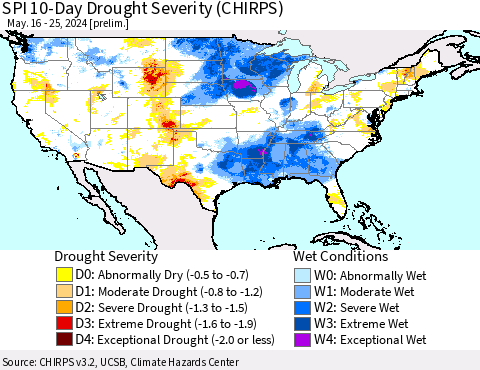 United States SPI 10-Day Drought Severity (CHIRPS) Thematic Map For 5/16/2024 - 5/25/2024